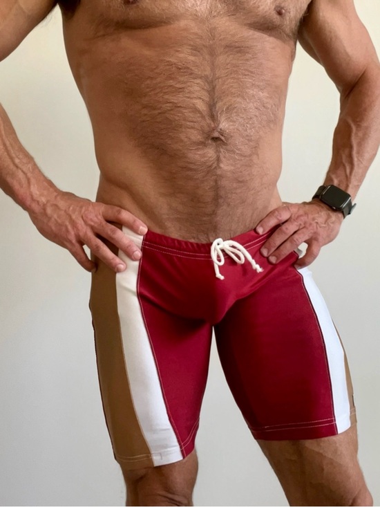 N2N Bodywear Other - Men's Red Colorblock Swim Jammer with White & Tan Stripes